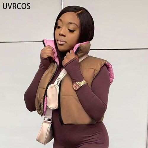 UVRCOS Female Winter Coat Sleeveless Zip Vest Panelled Two Side Wear Hipster Warm Hot Streetwear 2021 Fashion Women Short Jacket