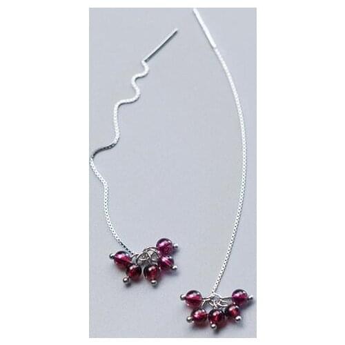 100% Real. 925 Sterling Silver jewelry Natural Garnet Stone Tassel dangle Pull Threader Earrings Long Piercing C-E3615