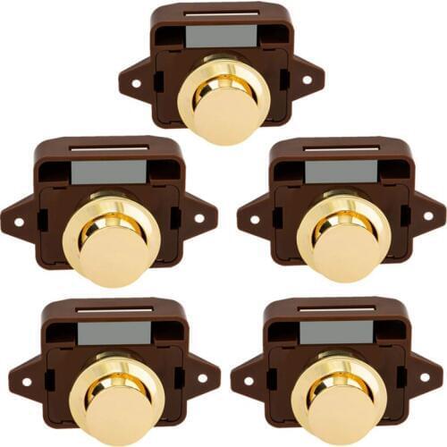 5Pcs Keyless Push Button Catch Door Knob Lock for RV Caravan Cabinet Boat Motor Home Cupboard, Brown Gold