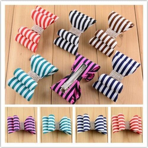 Wholesale New 3.2Inch Striated Hair Bows With Rhinestone Button And Clip Polyester Boutique Hair Clips Hairpins 200pcs/lot FC44