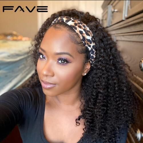 FAVE Headband Wig Human Hair Brazilian Curly Wig Curly Afro Wig Half Wig For Black Women Turban Wrap Wig