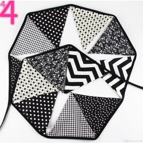 Bunting fabric flags Black and White Cotton Fabric Pennant Flag Bunting Banner Baby Shower Birthday Party Christmas Decor