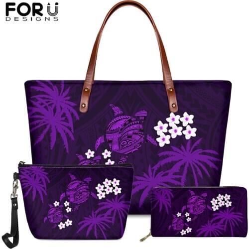 FORUDESIGNS Purple Polynesian Tortoise Frangipani Pattern Fashion Girls 3pcs Handbag Long PU Purse Large Capacity Tote Bag 2020
