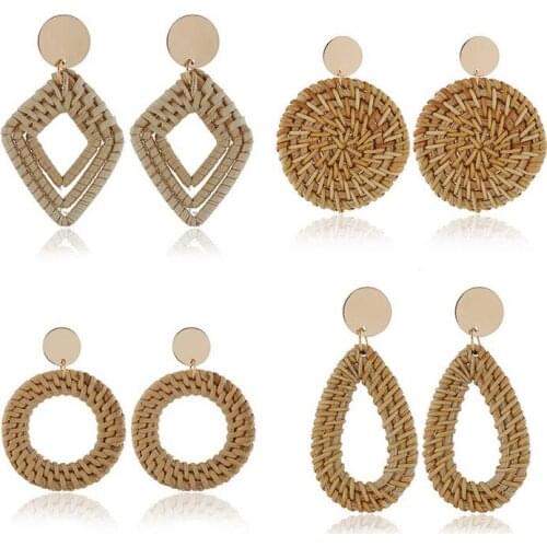Ethnic Style Handmade Retro Rattan Geometric Earrings Summer Beach Earrings Women