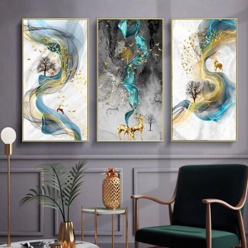 Hot Selling Abstract Blue Golden Deer Modern Wall Art Canvas Painting Posters and Prints Decorative For Living Room Home Decor