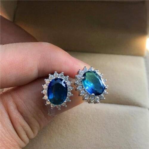Dainty Female Crystal Flower Stud Earrings Charm Silver Color Small Earrings Boho Rainbow Oval Zircon Wedding Earrings For Women