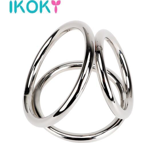 IKOKY Male Chastity Device Stainless Steel Cock Rings Penis Rings Three Cock Cages Sex Toys for Men Male Delay Ejaculation
