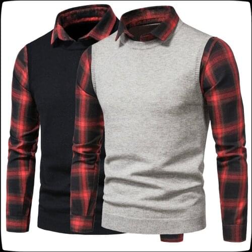 New Mens Sweater Male Pullovers Autumn Winter Britain Shirt Collar Casual woollen Sweaters Men Fake Two Pieces Clothing