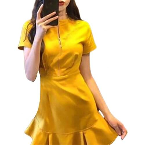 Short Sleeve Women Dress Sweet Solid Color Slim High Waist A-line Fishtail Hem Zipper Closure Summer Women Mini Dress vestidos