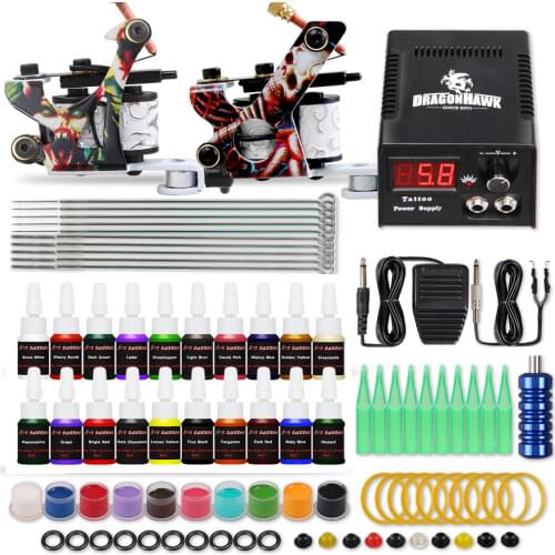 Complete Beginner Tattoo Kit 2 Machine Guns 20 Color inks Tip Power Supply Set Needles Grip