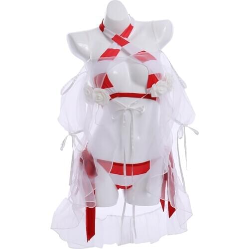 Daily Swimming Suit Fate Nero Cos Swimsuit Stripe Bikinis White Rose Rash Guards Anklet Bracelet Set Halloween Cosplay Costumes