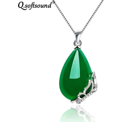 Silver Butterfly Drop-Shaped Chrysoprase Pendant Necklace White Gold Color Chain Necklace Women Accessories Vintage Kolye QN0054