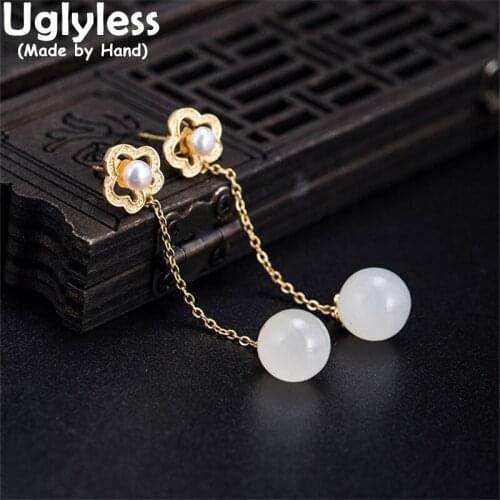 Uglyless Nature Gemstones Jade Balls Tassels Earrings for Women Hollow 925 Silver Floral Earrings Freshwater Pearls Brincos Gold