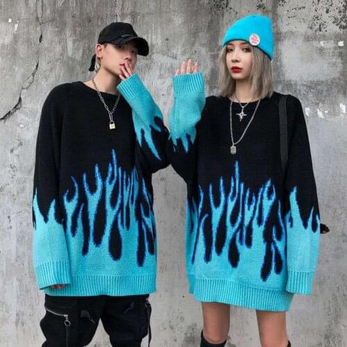 2021 New Hot Autumn Winter Knitted Purple Blue Flame vintage Sweater Men clothing Streetwear Oversized pullover Mens Sweaters