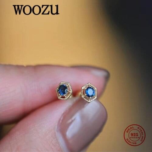 WOOZU Genuine 925 Sterling Silver Korean Blue Zircon Geometric Small Stud Earrings for Women 14k Gold Plated Simple Chic Jewelry