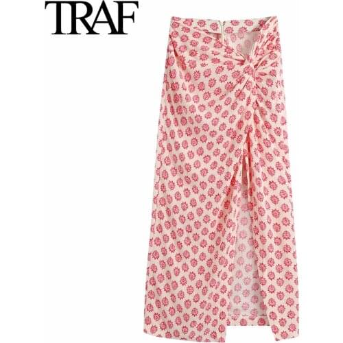 Traf Za Women Clothing 2021 Chic Floral Print Pleated Mid Length Skirt Vintage Sexy Midi Skirt High Waist Straight Tube Skirt