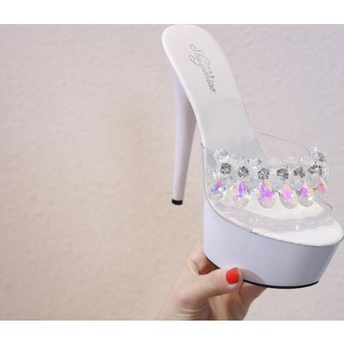 2019 Women Slipper Glass Crystal Fine Heel 15cm Slipper Female Summer Waterproof 15cm Prevent Thick Bottom Sexy Cool Shoes