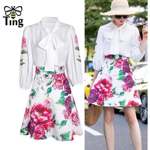 Tingfly Designer Runway Flower Print Women Fashion 2 Pcs Dress Sets BowKnot White Color Blouses + Mini Skirts Street Chic Outfit