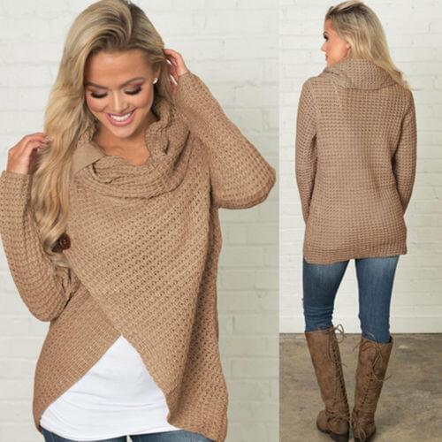 Autumn Winter Women Casual Sweaters Turtle Cowl Neck Asymmetric Hem Wrap Sweater Button Knit Coat Long Sleeve Criss-Cross Tops