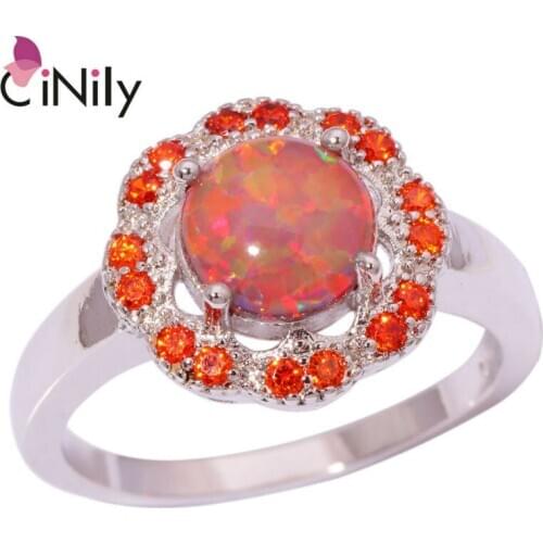 CiNily Created Orange Fire Opal Orange Garnet Silver Plated Wholesale Fashion Wedding for Women Jewelry Ring Size 7 8 OJ8604