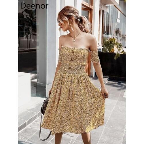 Deenor Sexy Slash Neck Shoulder Strapless Floral Chiffon Dress Women Holiday Boho Long Dresses 2021 Summer A Line Robe