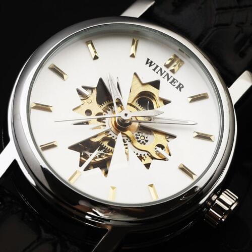 2017 Brand WINNER Fashion Women Silver Steel Case Clover Skeleton Automatic Mechanical Genuine Leather Strap Ladies Dress Watch