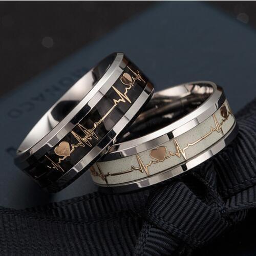 Glow In The Dark ECG Pattern Black Unisex Couple Luminous Ring Heartbeat Emo Promise Glowing Rings For Men Women Bisexual