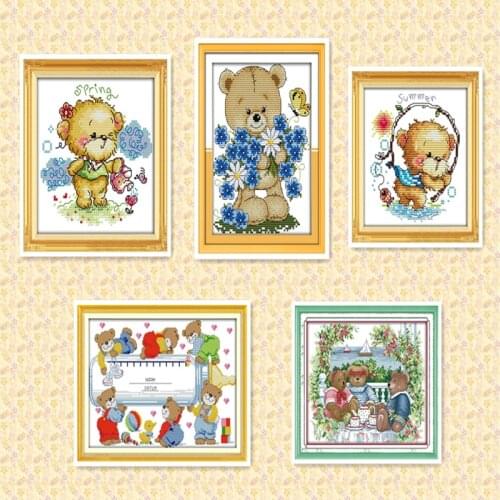 Joy Sunday Happy Bear Family Frabric Handwork Embroidery DMC 14CT 11CT Printing or Counted Chinese Cross Stitch Kits For Kids