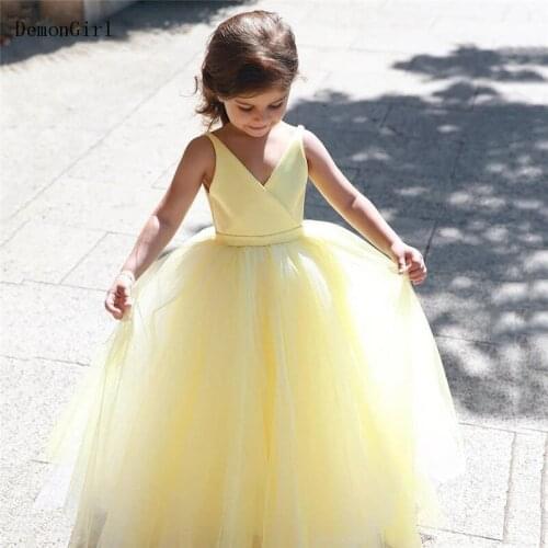 Custom Made Puffy Tulle Flower Girl Dresses V Neck Long Baby Girl Party Dresses New Year Birthday Gown