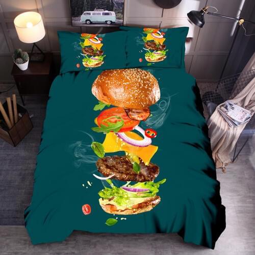 Hamburger Duvet Cover Set, Retro Hand Drawn Style Burger and Ingredients Gourmet Delicious Fast Food Bedding Set For kids