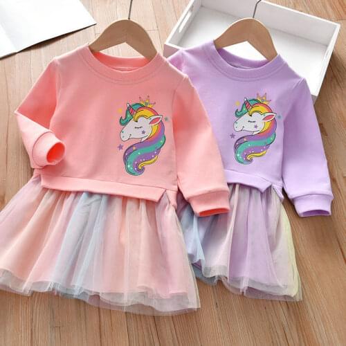 Girl Cute Fashion Dresses Kid Cartoon Costume Children Knitted Unicorn Princess Dress Baby Spring Clothing Tulle Rainbow Skirt