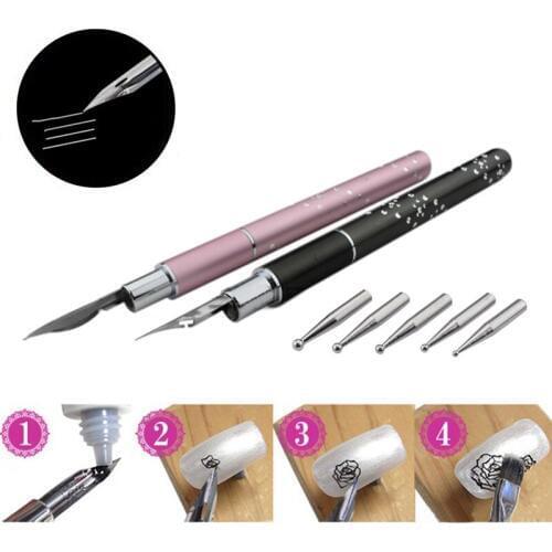 Nail Art Flower Line Tip Dotting Pen With 5 Drill Points Acrylic Drawing Painting UV Gel Polish DIY Manicure Tool Set SS