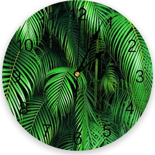 Green Leaves Tropical Jungle Plant Wall Clocks Home Decoration Silent Round Wall Watches for Home Living Room Kitchen Wall Decor