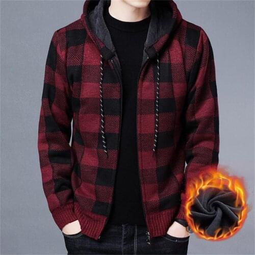 2021 new mens sweater coat autumn and winter thick warm hooded plaid cardigan cardigan pullover zipper fleece coat men