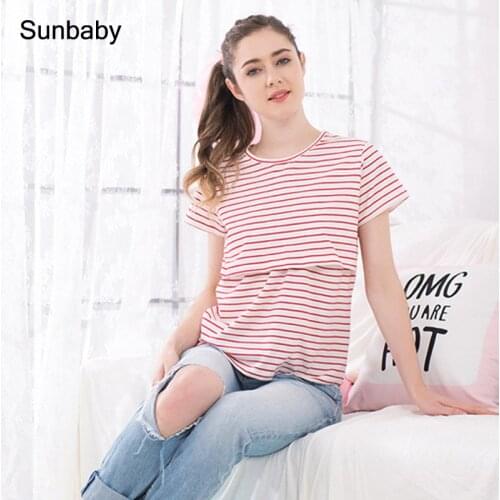 Sunbaby breastfeeding clothes Modal striped T-shirt with short sleeves maternity Nursing Tops T04014
