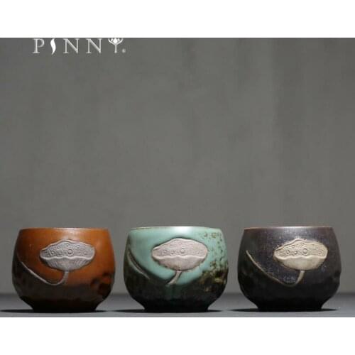 PINNY Lotus Relief Kung Fu Teacups Pigmented Coarse Pottery Master Cup Traditional Chinese Heat Resistant Tea Bowl