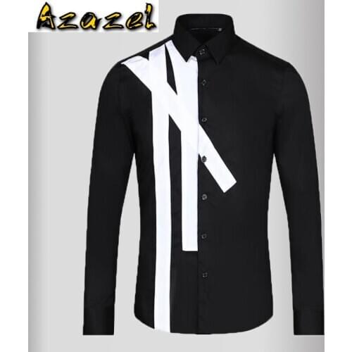 Azazel Patch Splicing Mens Shirts High Quality Long Sleeve Black White Casual Mens Dress Shirts Slim Fit Party Male Shirts 3XL