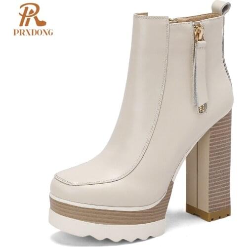 2021 Autumn Winter Womens High Heeled Thick Platform Ankle Boots with Zipper Mixed Colors Motorcycle Ladies Shoes Beige Black