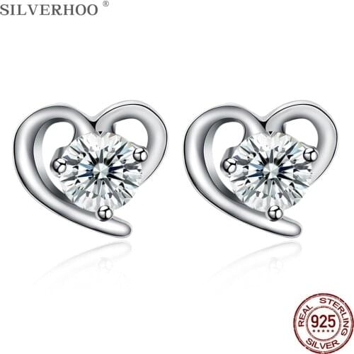 SILVERHOO 925 Sterling Silver Earrings Fashion Heart shaped Design Studs For Women Earrings Hot Sale Romantic Engagement Gift