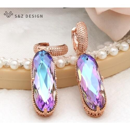 S&Z DESIGN Vintage Elegant Large Oval Crystal Dangle Earrings For Women Wedding Luxury Jewelry 585 Rose Gold Egg Shape Earrings