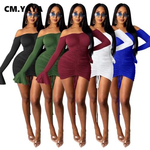 CM.YAYA Women Stacked Flare Long Sleeve Off Shoulder String Tie Up Ruched Bodycon Midi Mini Pencil Dresss