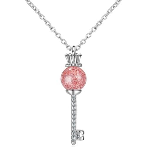 New personality creative fresh romantic sweet crown key shape pink crystal female silver plated necklaces SE104