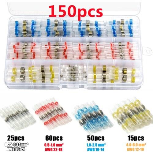 150pcs Insulation Copper Tinned Sleeve Butt Seal Wire Connectors Waterproof Solder Heat Shrinkable Terminal 26-10AWG Electrical