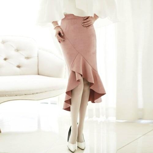 2017 New Women Fashion Bodycon Plus Size High Waist Bag Hip Skirt Elegant High Low Mermaid Fishtail Faux Suede Skirts Pink
