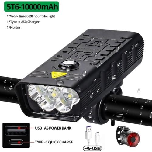 2021 Powerful 10000mAh Bike Light USB Rechargeable Powerful Bike Headlight 5T6 LED Flashlights Front Lights with Taillight