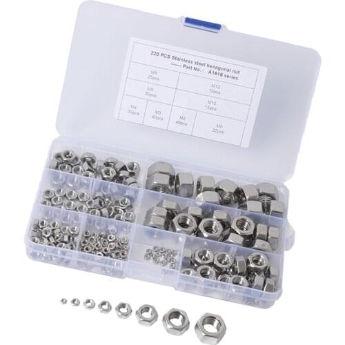 220 Pcs/Lot Metric Thread M2 M3 M4 M5 M6 M8 M10 M12 304 Stainless Steel Hex Nuts For Use Professionals/DIYers