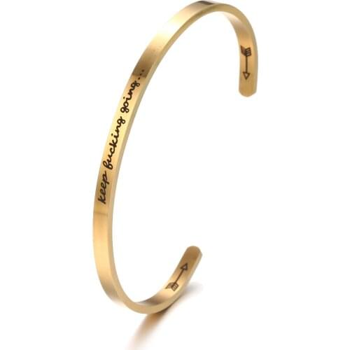 4mm Width Stainless Steel Round Cuff Bangles For Women Men Inspirational Quote KEEP BUCKING GOING Lettering Bracelets