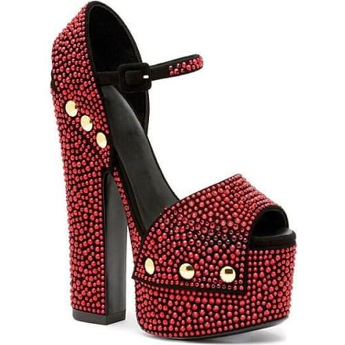 Glitter Rhinestone Drilled Chunky Heel Platform Sandals Woman Gold Rivets Crystal Ankle Strap Peep Toe Fashion High Heels Shoes