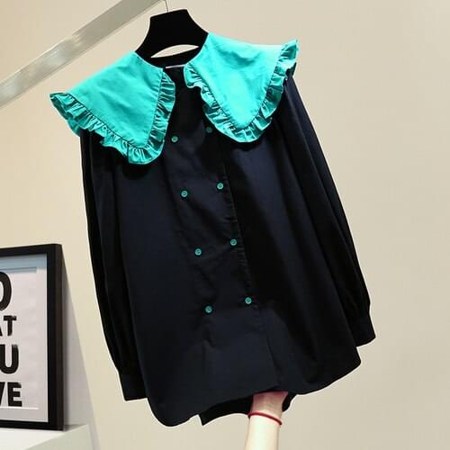 Doll Collar Blouse Women 2021 Spring Korean Style Loose Fashion Double Breasted Mid-Length Shirt Girl Lady Blusa