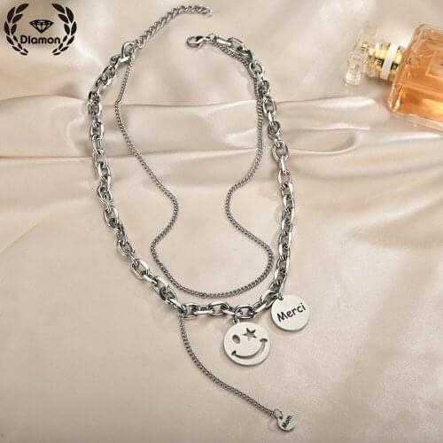 Diamon SmileFace Necklace Ins Stainless Steel necklace for Women goth Double Clavicle Chain Sweater Necklace party Jewelry Gift